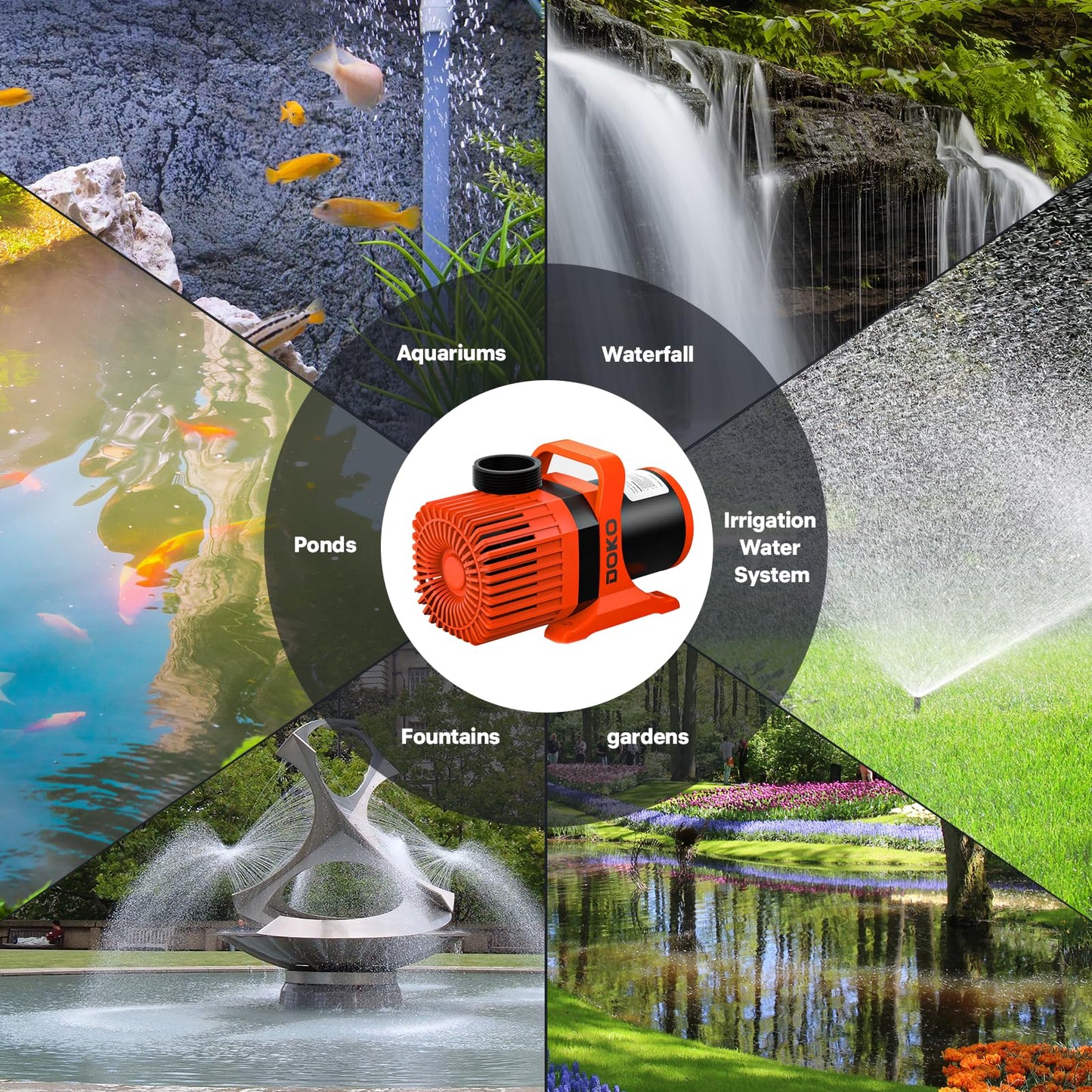 DOKO Submersible Water Pump, 10000GPH Pond Pump with 30FT Power Cord and 33 FT Lift Heigh, 1000W Ultra Quiet Fountain Water Pump for Pond, Aquarium, Waterfall, Orange Black