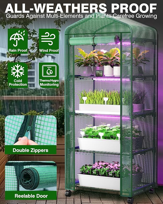 PYY Mini Indoor Greenhouse with Grow Light - Small Portable Outdoor Plant Green House Cabinet with Wheels, Thermometer, PE Tent Cover, 4 Dimmable 3 Color 2FT 36W LED Kit, 4 Tier Gardening Shelves