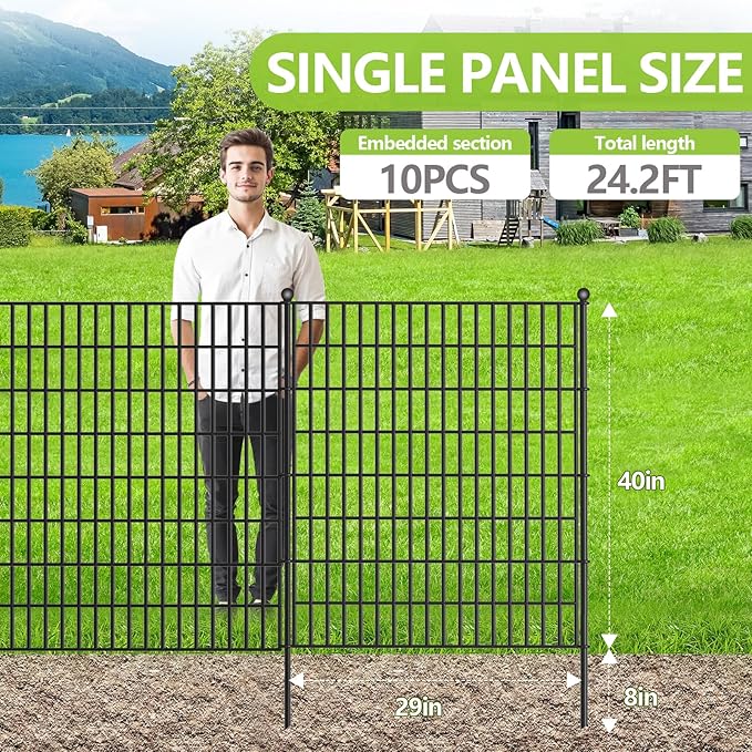 10 Panels No Dig Garden Fence, 40 in(H) X 24.2 ft(L) Metal Fence Panels, Thickened Rustproof Garden Fencing, Animal Barrier Fence for for Dogs, Rabbits, Landscape, Patio