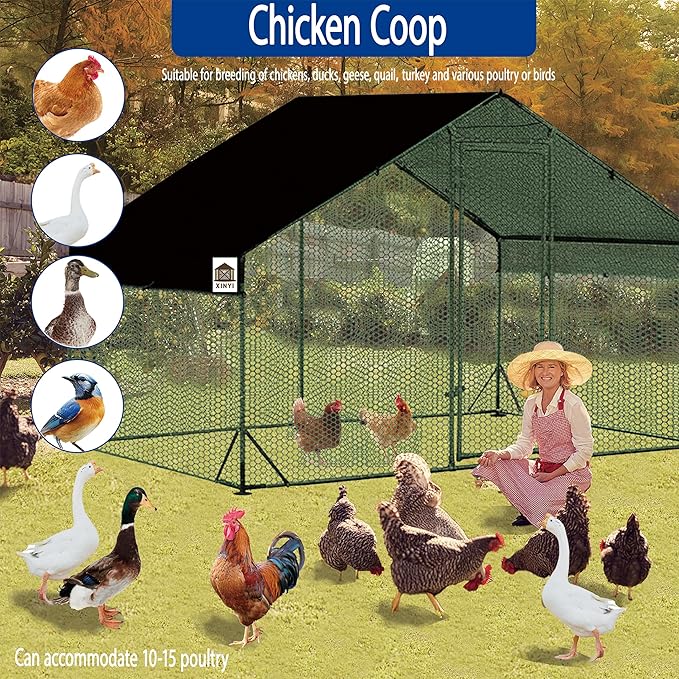 Chicken Coop Large Metal Chicken Run, Upgraded Anti-UV 180g/㎡ PE Cloth & 1.1mm Thickened PVC-Coated Hexagonal Chicken Wire Mesh & More Galvanized Steel Standpipes, Walk-in Chicken coop, 6.6×9.8×6.4FT