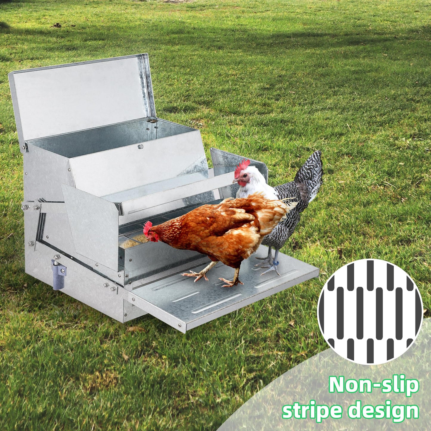 Domenow Chicken Treadle Feeder, Poultry Feeder, 30lbs Automatic Chicken Feeder with Sides Buffer System, for 15-20 Chickens