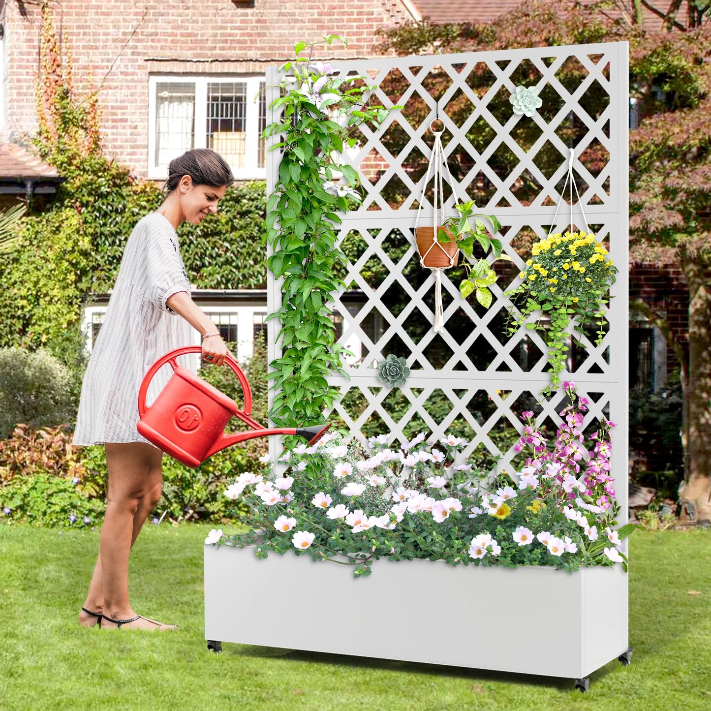 Metal Planter Box with Trellis, Raised Garder Bed with Drainage Hole, Privacy Screen & Trellis for Climbing Plants, Outdoor Plant Stands, 47''L×17''W×73''H, White