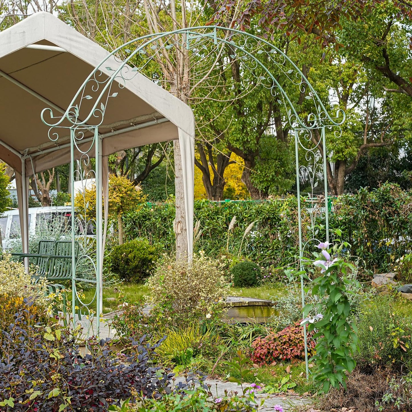 Sungmor Metal Garden Arbor, 92.5" High x 11.8" Wide Outdoor Garden Arch Trellis, Elegant Green Archway for Wedding Party Event, Climbing Plants and Vine Flowers Support, Lawn Patio Yard Decoration