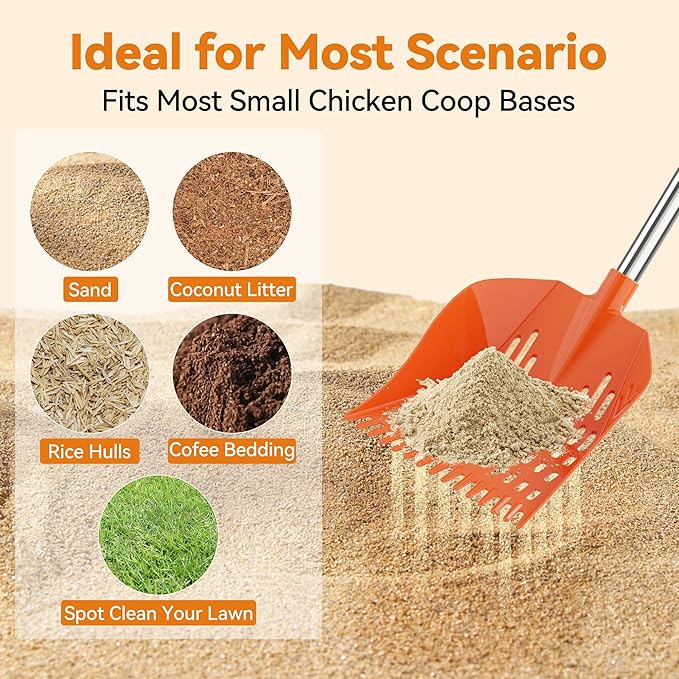 Chicken Poop Scooper with Rake - Lightweight Chicken Coop Scooper for Small Farm Animals - Sand Sifting Shovel with Adjustable Long Handle (38-67'') - Easy to Use for Women & Seniors