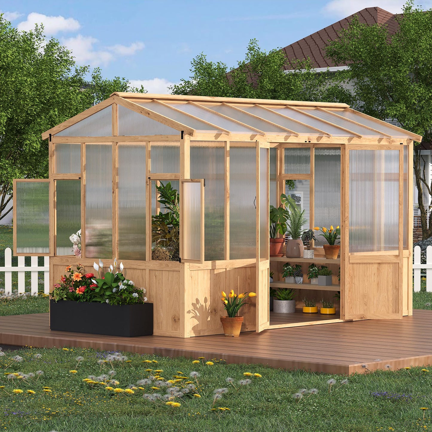 8x12 FT Wooden Greenhouse for Outdoor - Heavy Duty Walk-in Green House Kit with 6mm Polycarbonate,Ventilated Window & Lockable Door for Backyard,Patio,Lawn