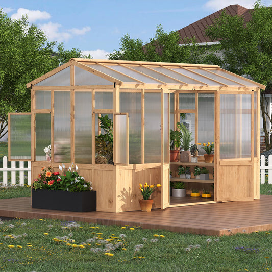 8x12 FT Wooden Greenhouse for Outdoor - Heavy Duty Walk-in Green House Kit with 6mm Polycarbonate,Ventilated Window & Lockable Door for Backyard,Patio,Lawn