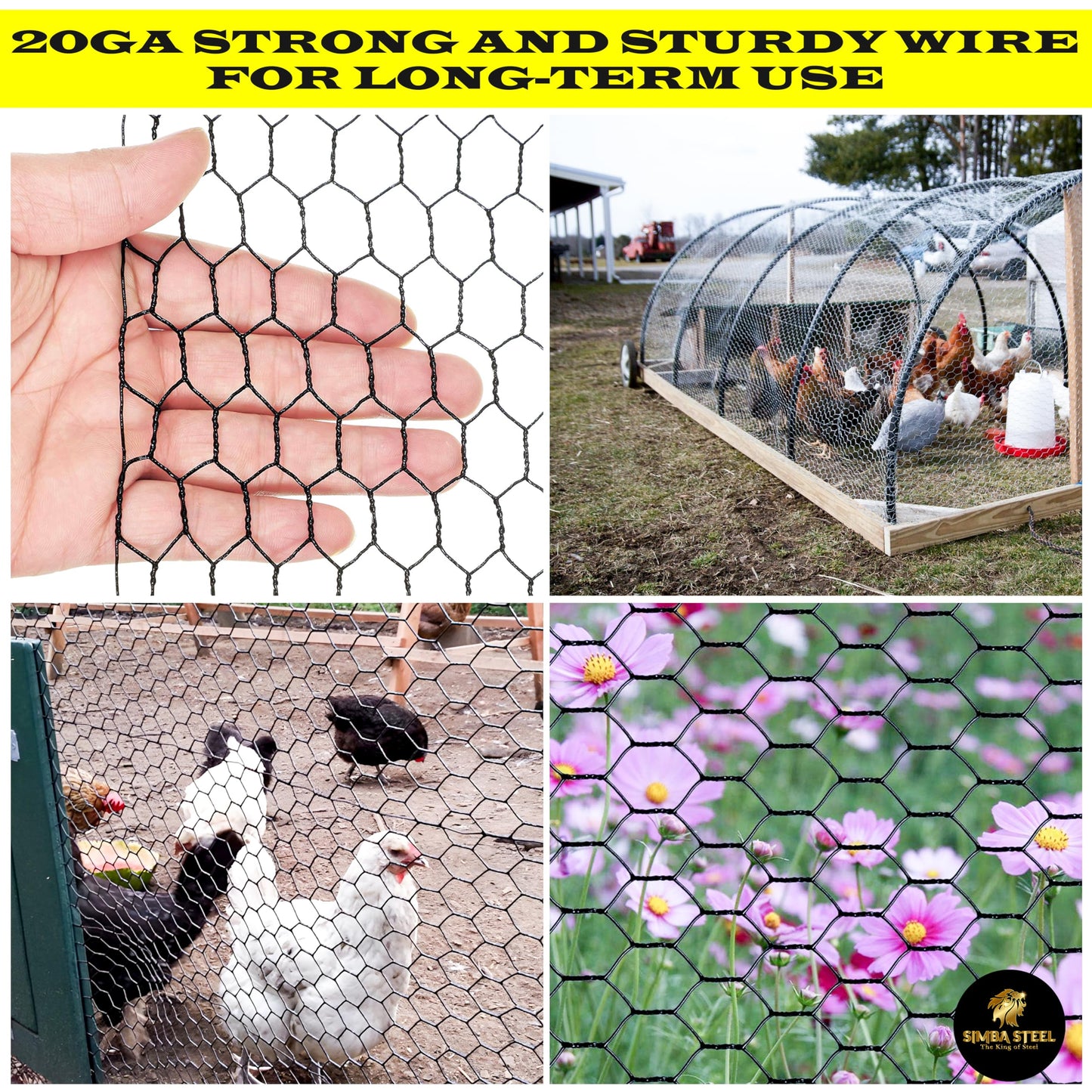 SIMBA STEEL - 12” x 100 FT PVC Hexagonal Poultry Netting Chicken Wire | 1" Mesh | 20 Gauge | Black PVC Vinyl Coated | Rust Proof | for Garden, Fence, Chicken, Rabbit (PVC 12 x 100)