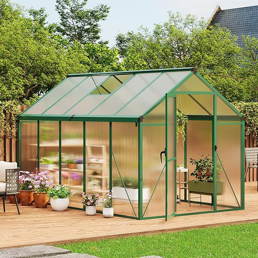 Greenhouse, 6x10 Ft Outdoor Greenhouses, Greenhouse Kit, Portablee Greenhouses with Ground Nails and Vent Windows, Sliding Lockable Door, Polycarbonate Green House for Outside Garden Backyard, Green