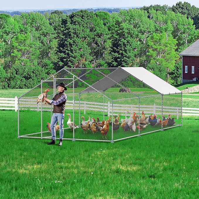 VEVOR Large Metal Chicken Coop, 19.7x9.8x6.5ft Walk-in Chicken Runs for Yard with Cover, Spire Roof Hen House with Security Lock for Outdoor and Backyard, Farm, Duck Rabbit Cage Poultry Pen