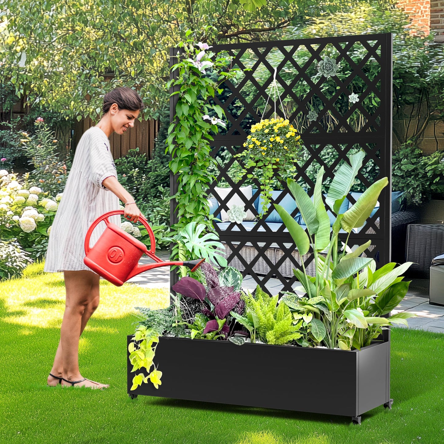 Metal Planter Box with Trellis, Raised Garder Bed with Drainage Hole, Privacy Screen & Trellis for Climbing Plants, Outdoor Plant Stands, 47''L×17''W×73''H, Black