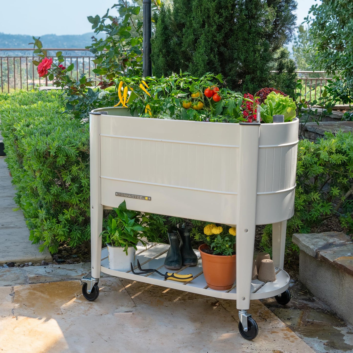 Permasteel Raised Garden Bed with Legs, 40×20×37 in, Planter Box with EnGrow™ TrueSoil™ Technology for Vegetables, Flowers, Herbs, and Fruit, Outdoor Indoor, Storage Shelf, Ivory