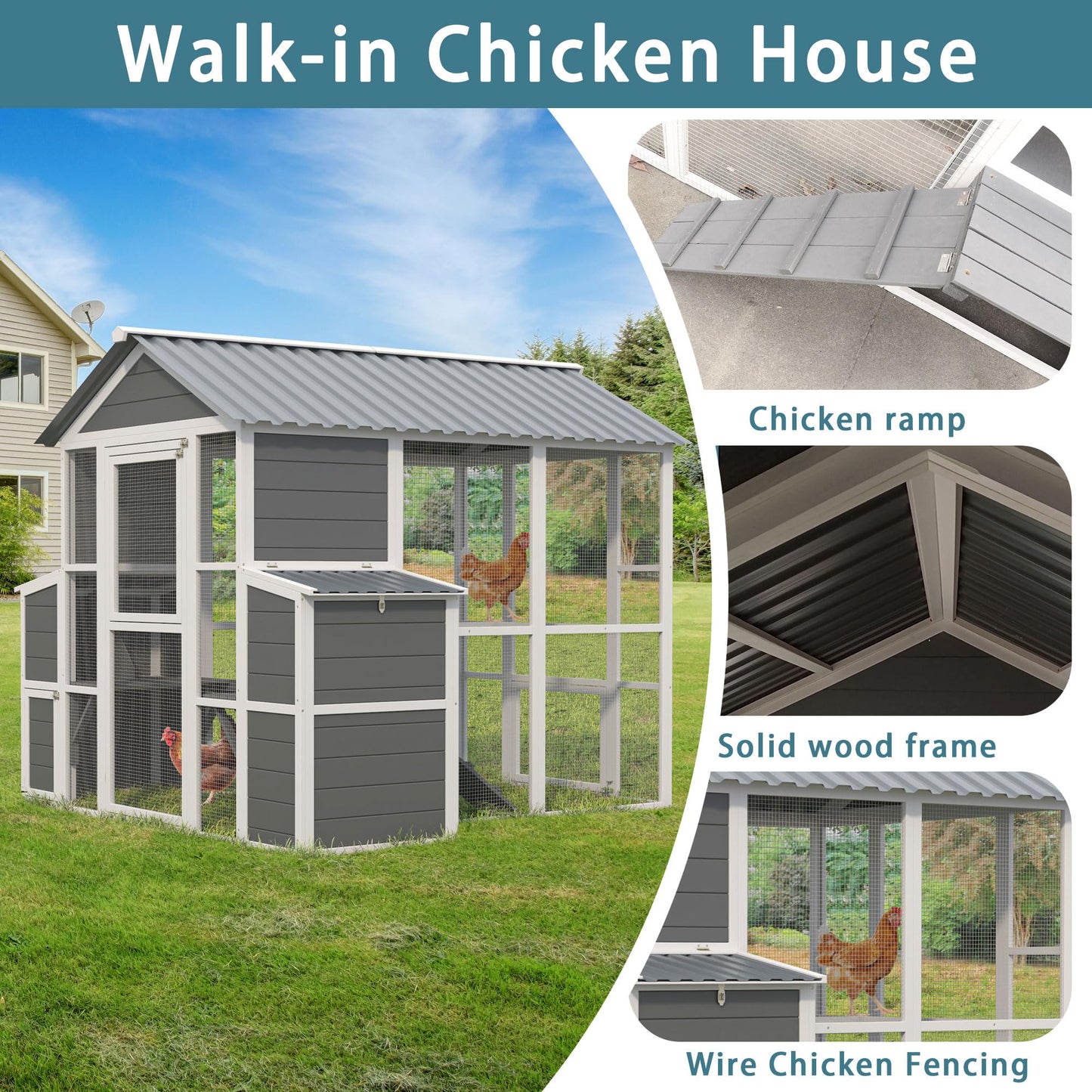 YOPTO Chicken Coop for 10 Chickens,Extra Large Wooden Chicken House Outdoor Nest Box Hen Houses with 2 Chicken Nesting Boxes,Poultry Pet Hutch w/Walk in Desgin,Ramp and Run,Waterproof Roof