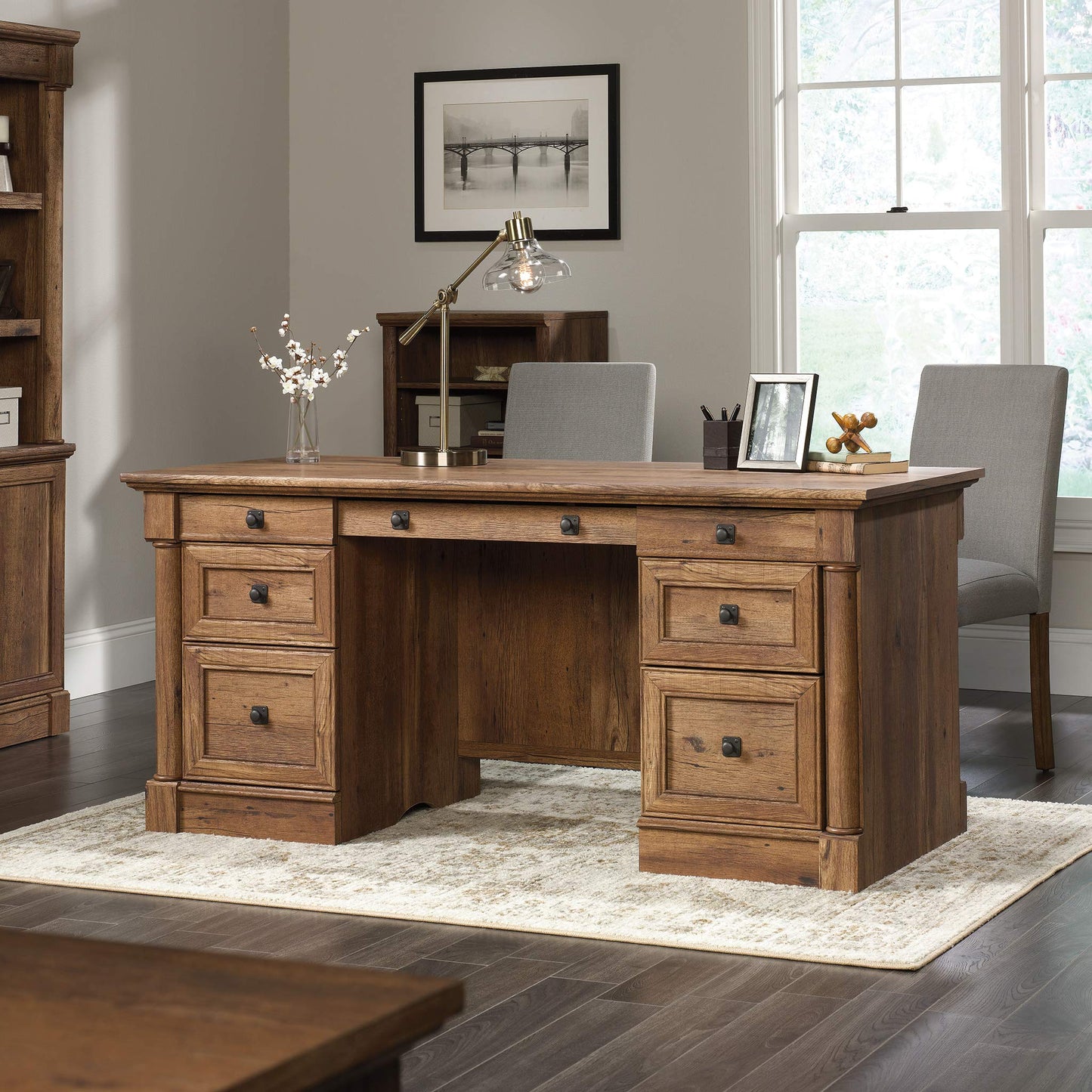 Sauder Palladia Executive Desk and Computer Desk, Vintage Oak Finish