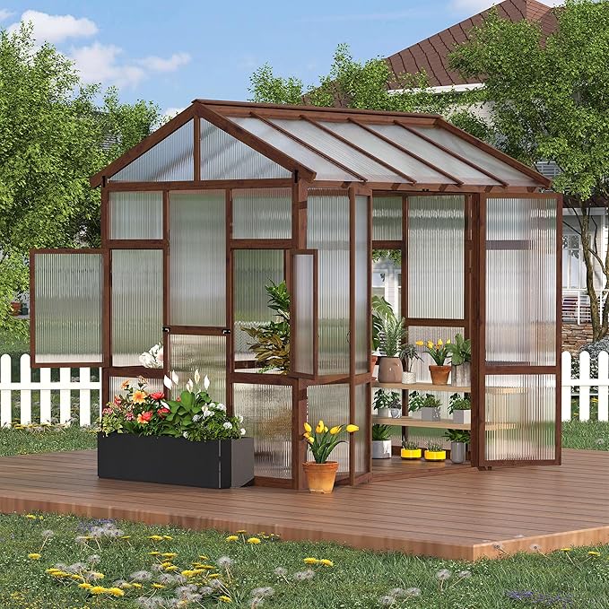 6x8 FT Wooden Greenhouse for Outdoor - Heavy Duty Walk-in Green House Kit with 6mm Polycarbonate,Ventilated Window & Lockable Door for Backyard,Patio,Lawn