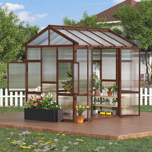 6x8 FT Wooden Greenhouse for Outdoor - Heavy Duty Walk-in Green House Kit with 6mm Polycarbonate,Ventilated Window & Lockable Door for Backyard,Patio,Lawn