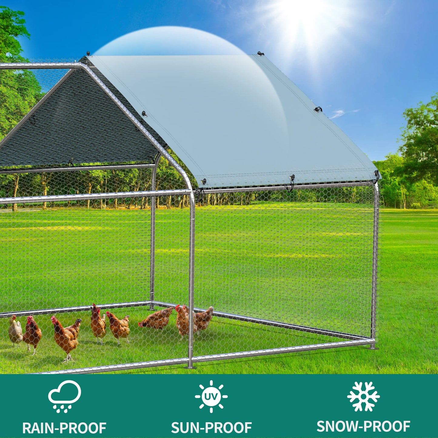 DWVO Large Metal Chicken Coop with Top Cover, 19.7'Lx9.8'Wx6.4'H Walk-in Poultry Cage Hen Run House Duck House Rabbits Cage Spire Shaped Coop for Outdoor Back Yard Farm Use