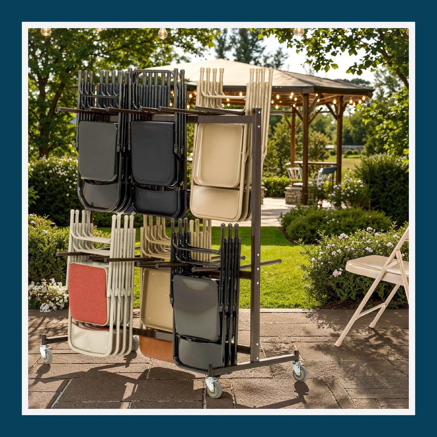 OEF Furnishings OEF84 Series Folding Chair Cart – Heavy-Duty Two-Tier Steel Dolly Rack with Wheels (84 Chairs, Standard Height, Hanging Storage)