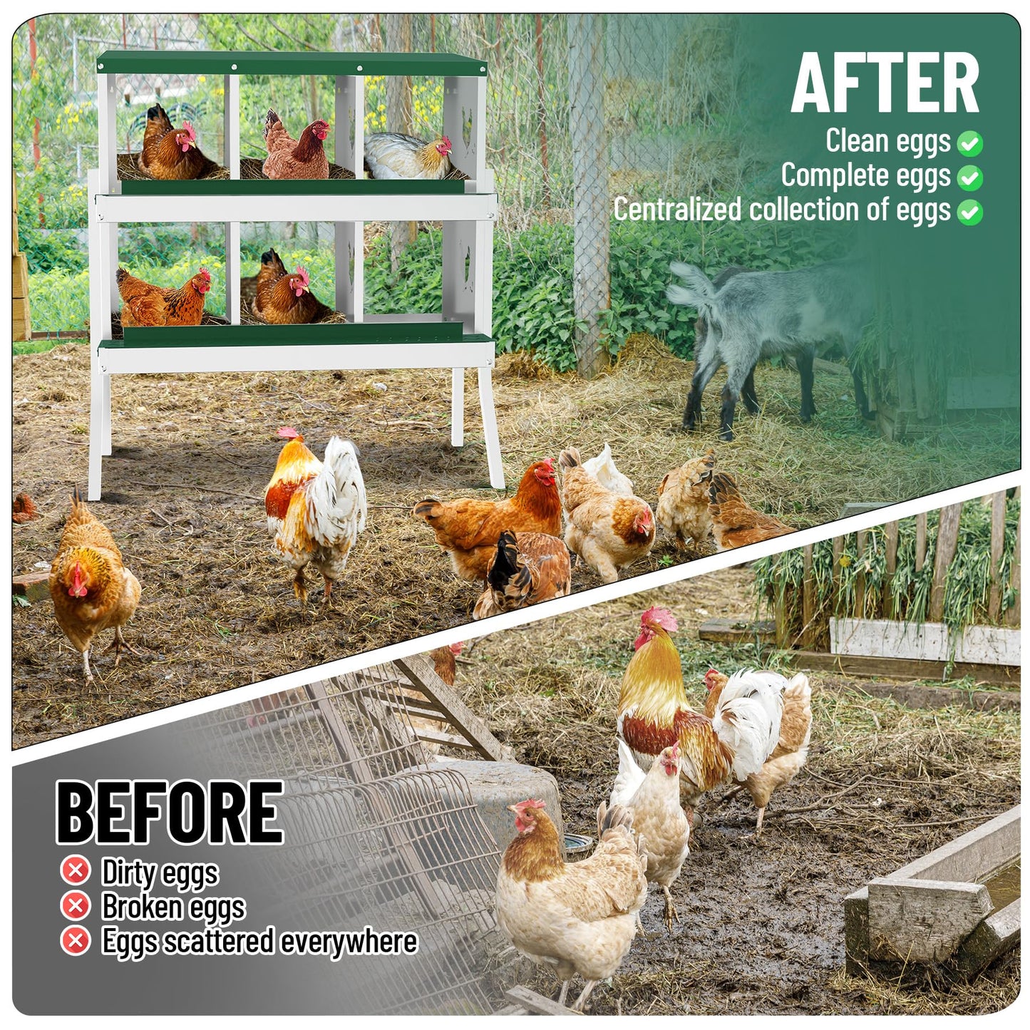 GarveeLife Nesting Boxes for Chickens, 6 Compartment Chicken Nesting Box with Metal Legs, Metal Chicken Laying Boxes with Perch, Secure Lid, Versatile Wall Mount or Free Standing for Hens, Green