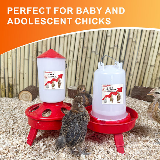 ZenxyHoC Chick Feeder and Waterer Set, Top Fill 0.4 Gal Feeder and 0.4 Gal Waterer with Scoop and 3 Adjustable Heights Legs Red