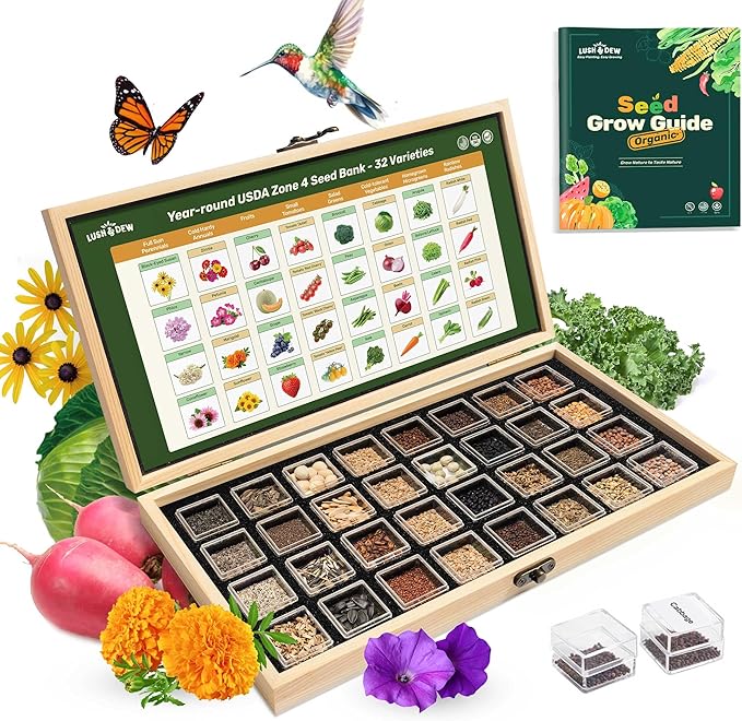 Lush&Dew Year-Round USDA Zone 4 Seed Bank, 32 Varieties Non-GMO Heirloom Seeds of Vegetables, Herbs, Gardening Gifts for Women Men, Emergency Survival Kit for Raised Garden Bed, Greenhouse