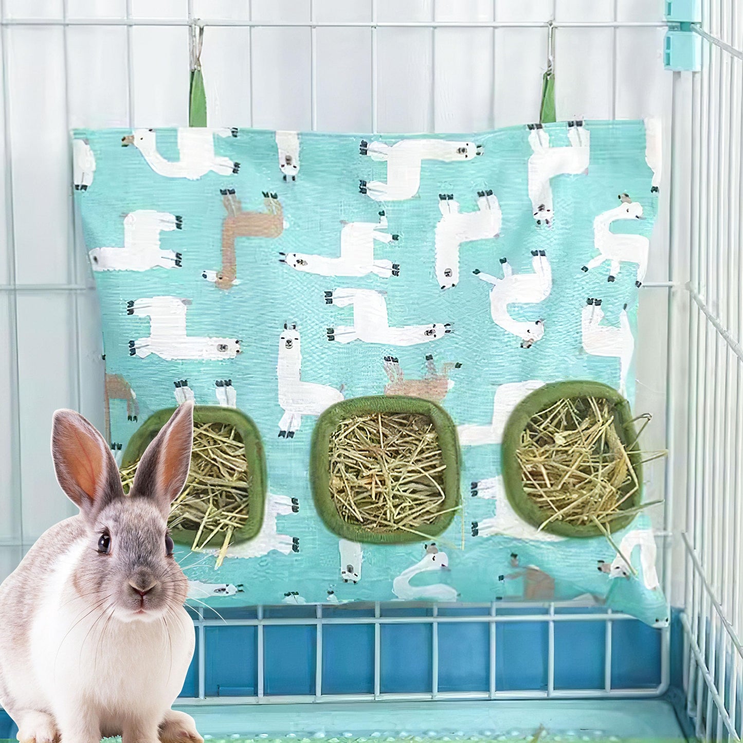 Lesnala 2pcs Bunny hay Feeder Hanging Guinea Pig Food Bag Large Capacity Cotton Canvas Fabric for Rabbits Chinchillas Hamsters and Other Small Pets 3 Holes 2 Styles