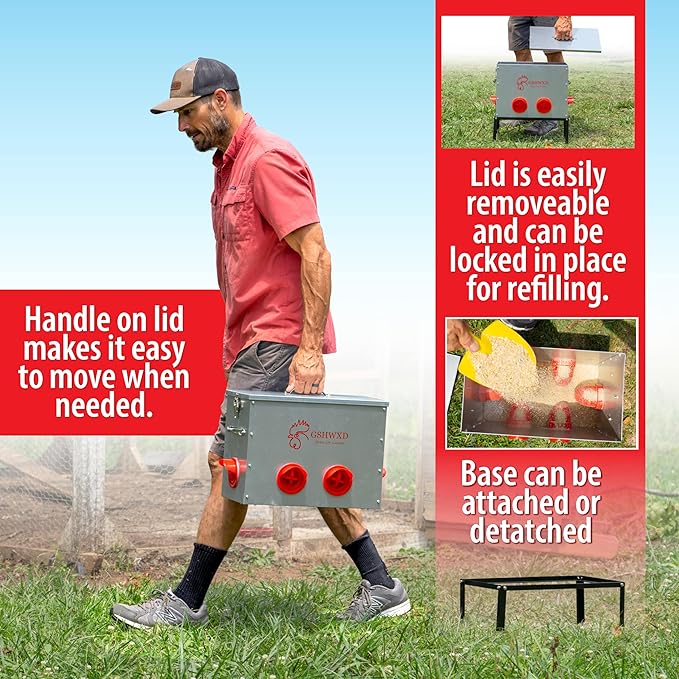 Automatic Chicken Feeder - 40 lb Capacity 6 Port Large Metal Chicken Feeders - No Waste Poultry Feeder with Locking Lid and Legs for Inside Chicken Coops