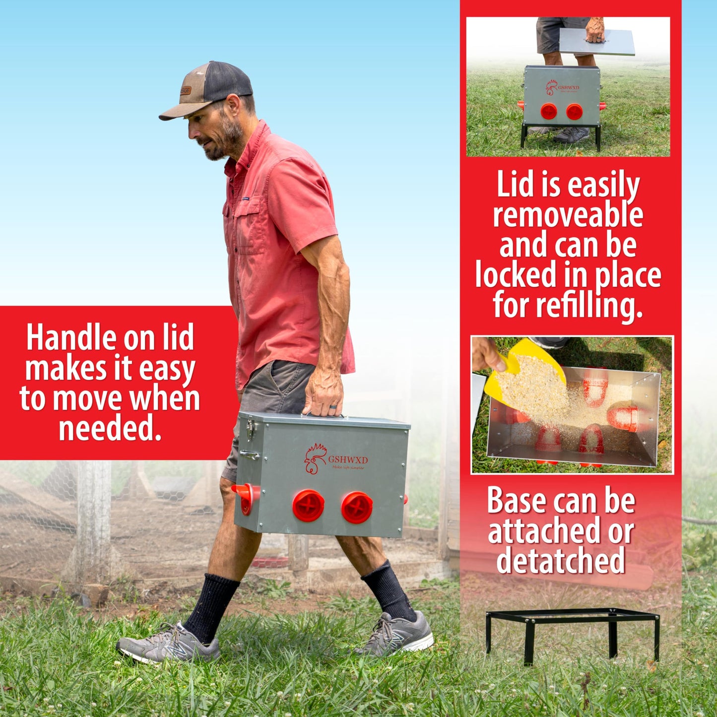 GSHWXD Automatic Chicken Feeder - 40 lb Capacity 6 Port Large Metal Chicken Feeders - No Waste Poultry Feeder with Locking Lid and Legs for Inside Chicken Coops