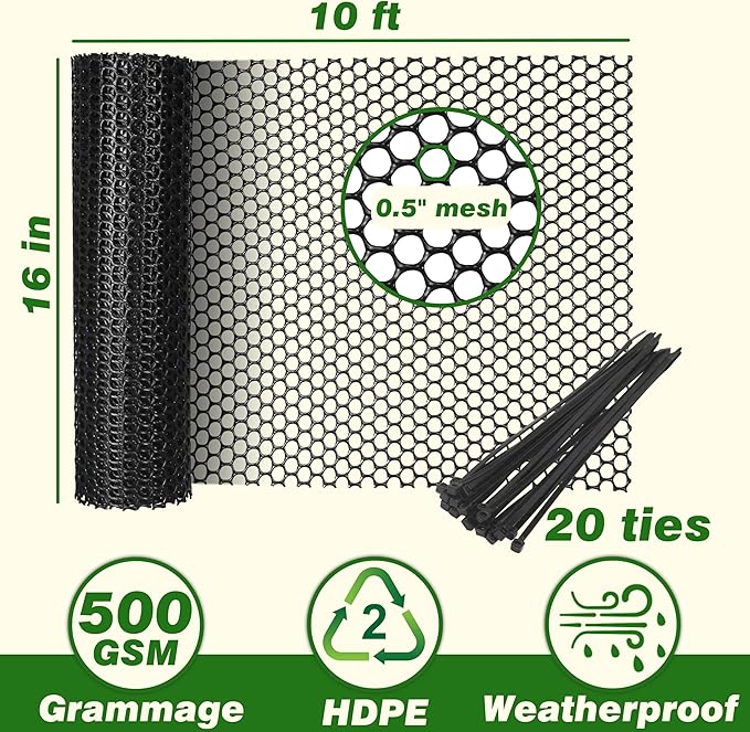 Gardzen Plastic Chicken Wire Mesh with 20pcs Ties, 16in x 10ft Durable Chicken Fence for Poultry, Garden Protection & DIY Crafting, Heavy-Duty Mesh Netting for Outdoor & Indoor Use