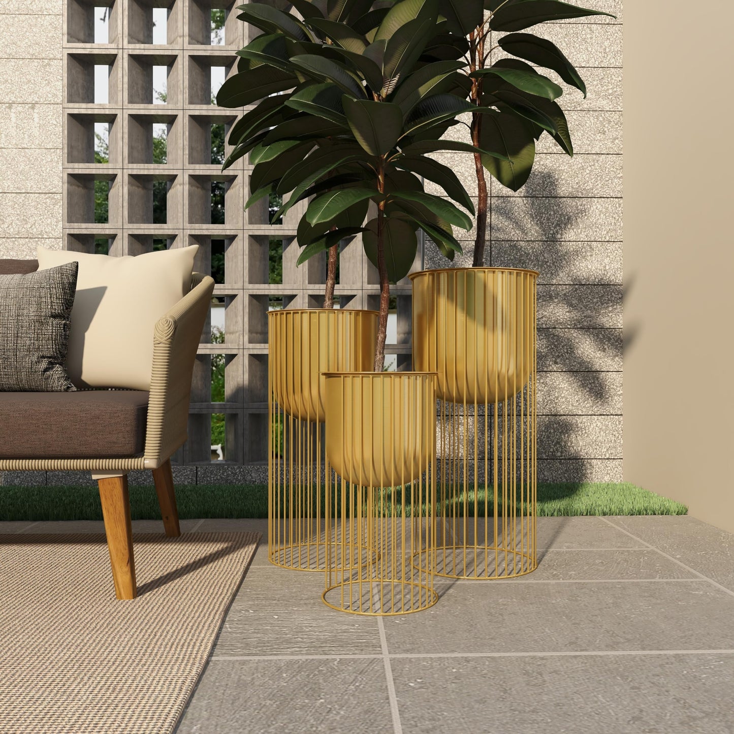 Deco 79 Metal Indoor Outdoor Planter Deep Recessed Dome Large Planter Pot with Elevated Caged Stand, Set of 3 Planters 24", 20", 16"H, Gold