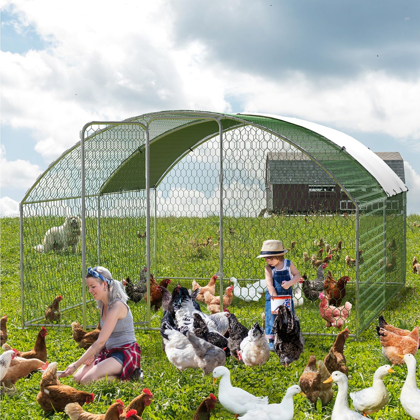 Large Metal Chicken Coop, Doom Roof Chicken Run for Yard, Walk-in Poultry Cage with Waterproof and Anti-Uv Cover, Chicken Pen for Outdoor Backyard Farm (9.8x13.1x6.5FT)