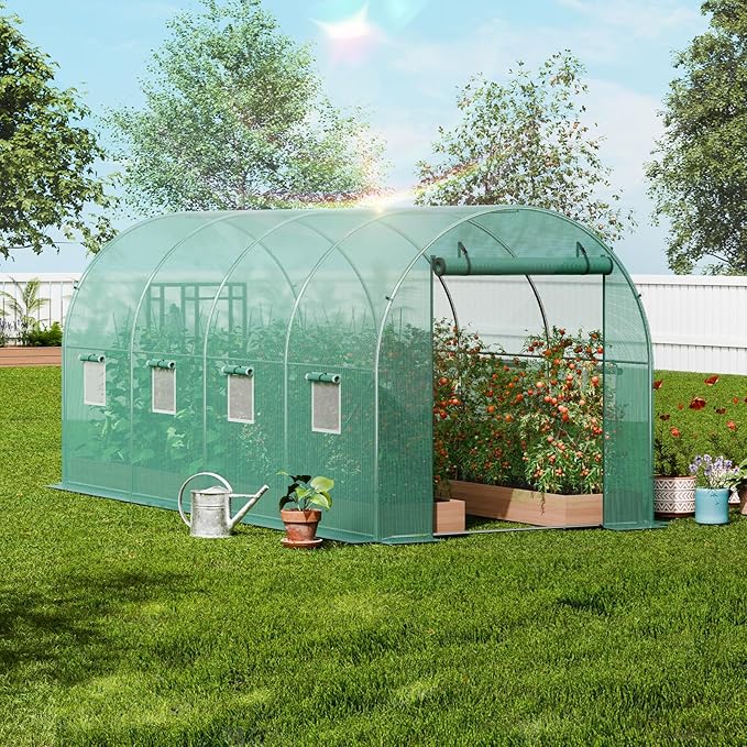 VEVOR Walk-in Tunnel Greenhouse, 14.6x6.4x6.3 ft Hoop House Greenhouse Tunnel, Plant Hot House with Galvanized Steel Frame, Green PE Cover, Roll-up Zipper Door and 8 Windows for Outdoor
