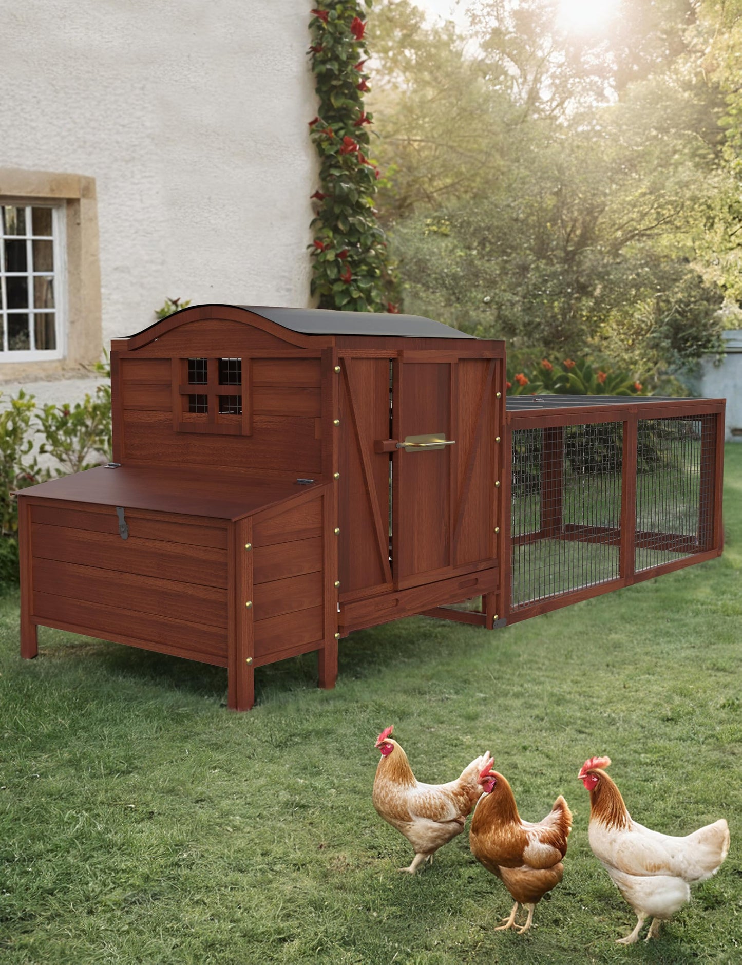 Hipicute Wooden Chicken Coop, Chicken Coop for 3-5 Chickens, 106in Chicken Coop with Run, Outdoor Chicken Coop with Waterproof Roof, Nesting Box, Pull Out Trays and Ramp, Red