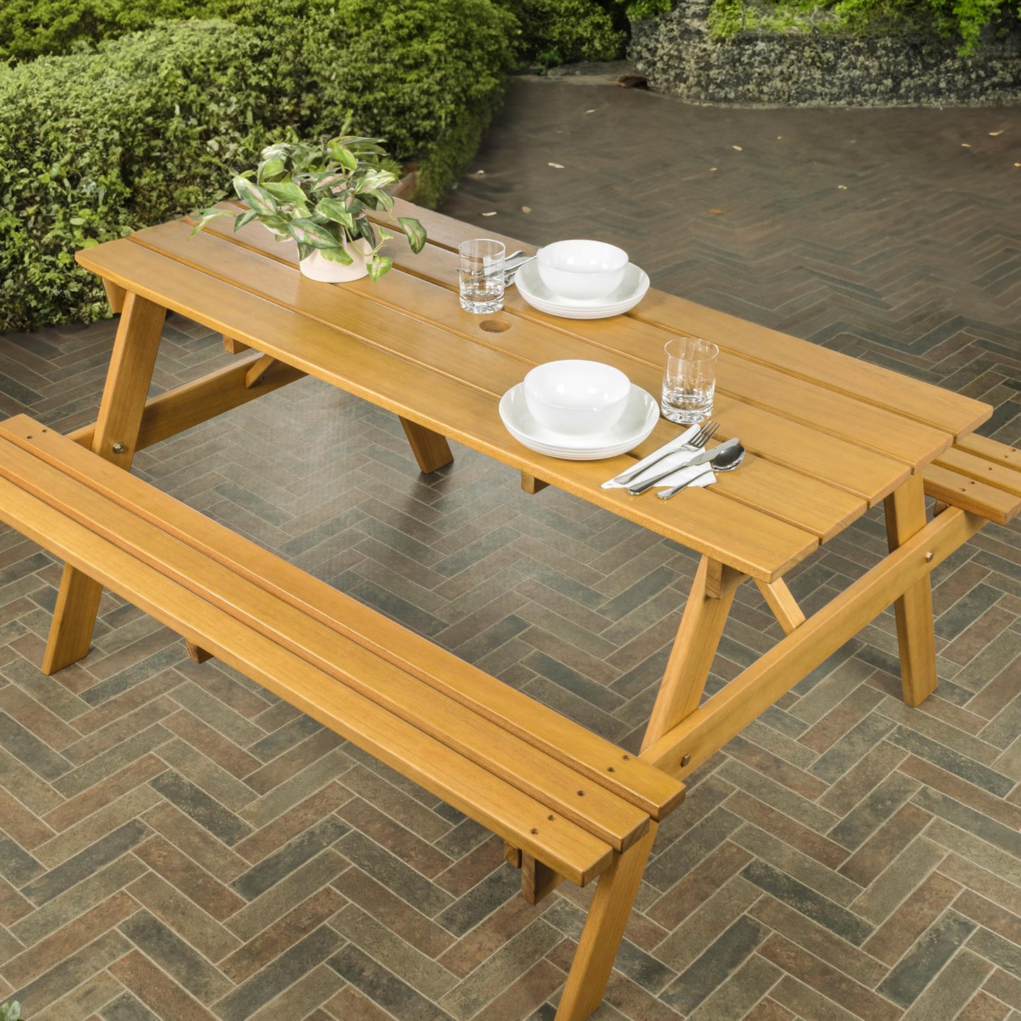 JONATHAN Y BNH200A Shoreham 59" Modern Classic Outdoor Wood Picnic Table Benches with Umbrella Hole Traditional, Coastal, Mid-Century, Vintage, Farmhouse, Teak Brown