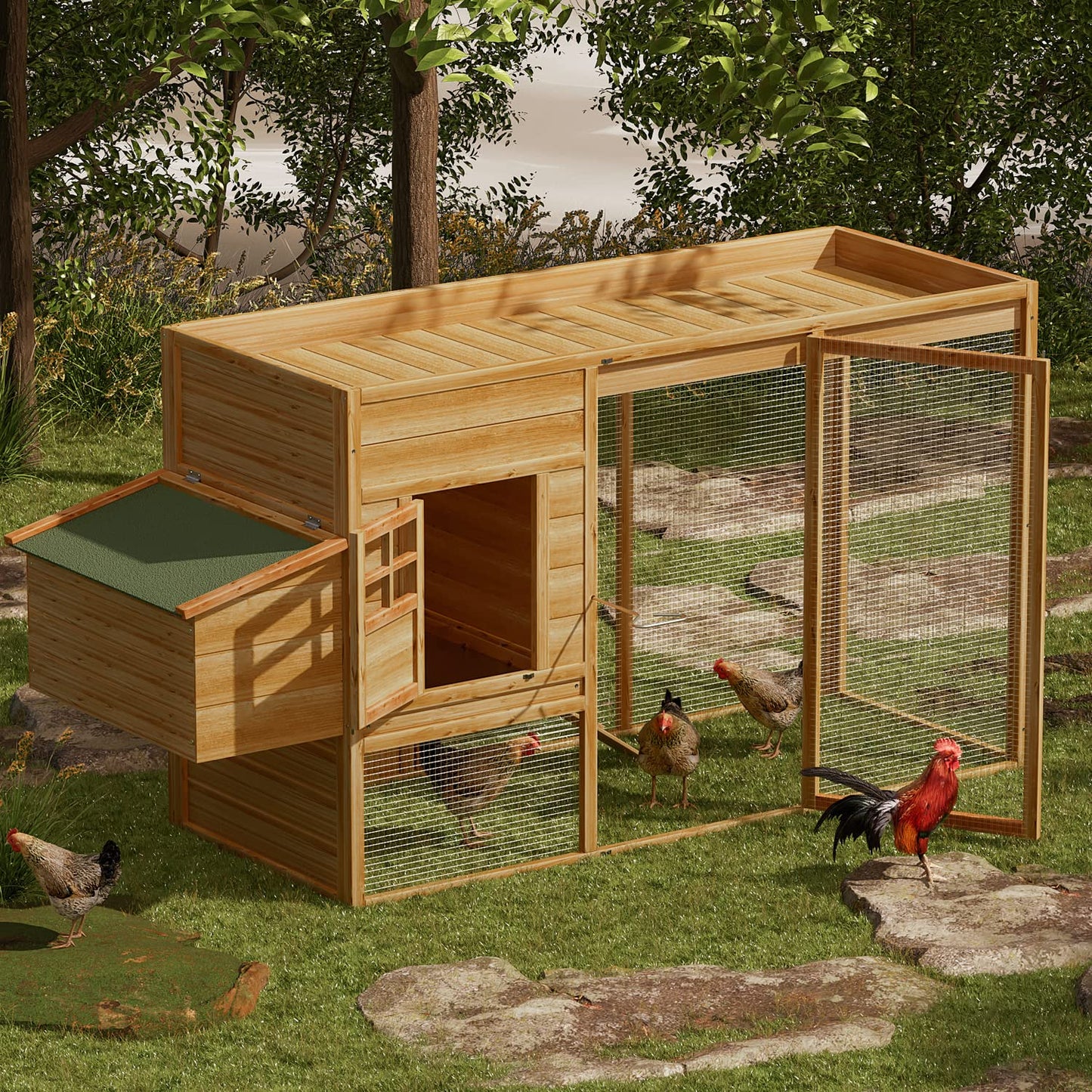 MoNiBloom 2-Layer Chicken Coop with Run and Nesting Box, Ventilation Wire Fence Wood Chicken House Duck Hutch Bunny Cage with Removable Tray Ramp and Waterproof Asphalt Roof 64 x 25.5 x 40 inch