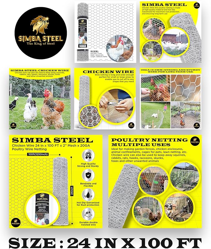 Chicken Wire 24 in x 100 FT x 2” Mesh x 20GA | Poultry Wire Netting | Hot Dipped Galvanised | Hexagonal Galvanized Mesh for Chicken Coop, Rabbit Cage, Fence Barrier PM24x100x2