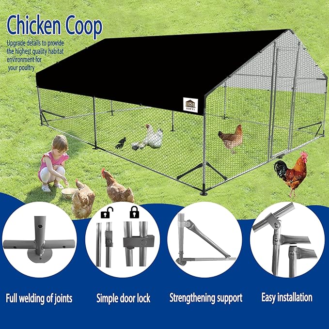 Chicken Coop Large Metal Chicken Run, Upgraded Anti-UV 180g/㎡ PE cloth & 1.1mm Thickened PVC-Coated hexagonal chicken Wire Mesh & More Galvanized Steel Standpipes, walk-in chicken coop, 13.1×9.8×6.4FT