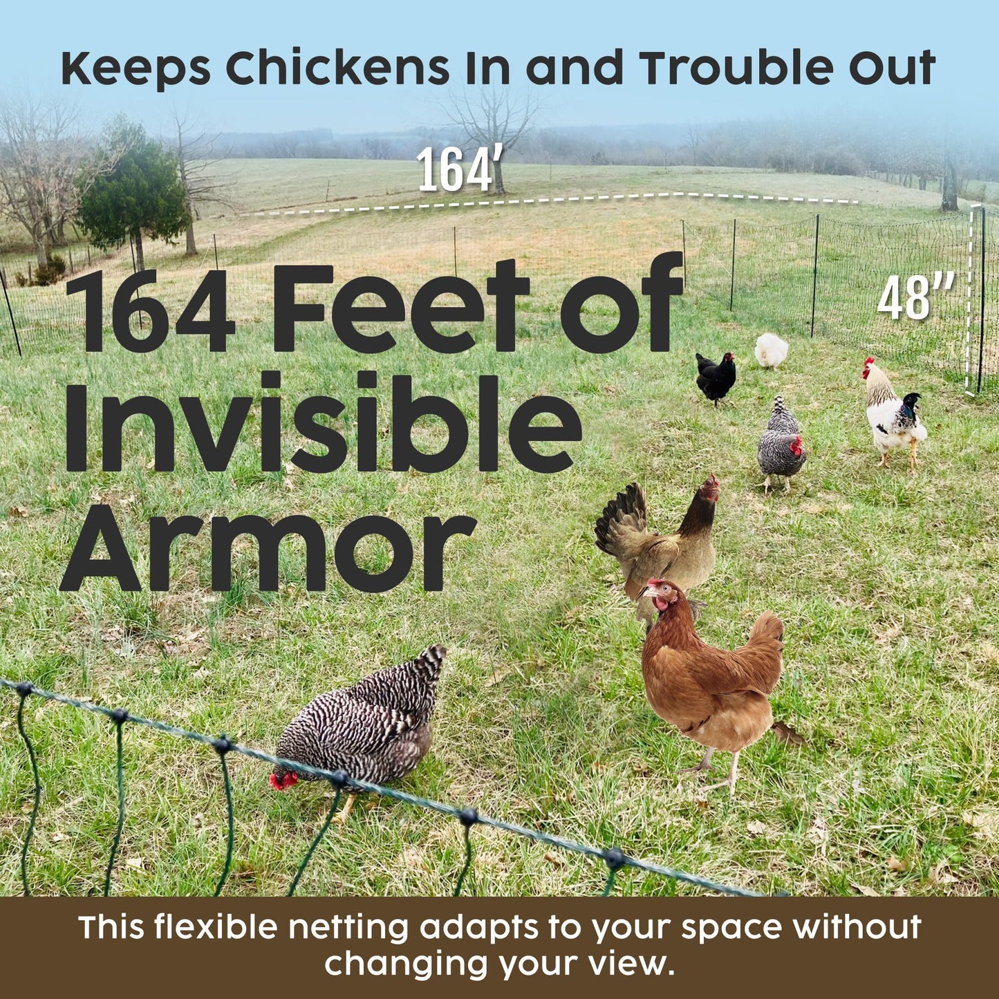 Happy Henhouse Electric Poultry Netting – Premium, Portable & Weatherproof 48" x 164' Net with Stakes, Easy-Setup Predator Fence for Chickens, Farms & Gardens - Sleep Sound Knowing Your Coop is Safe