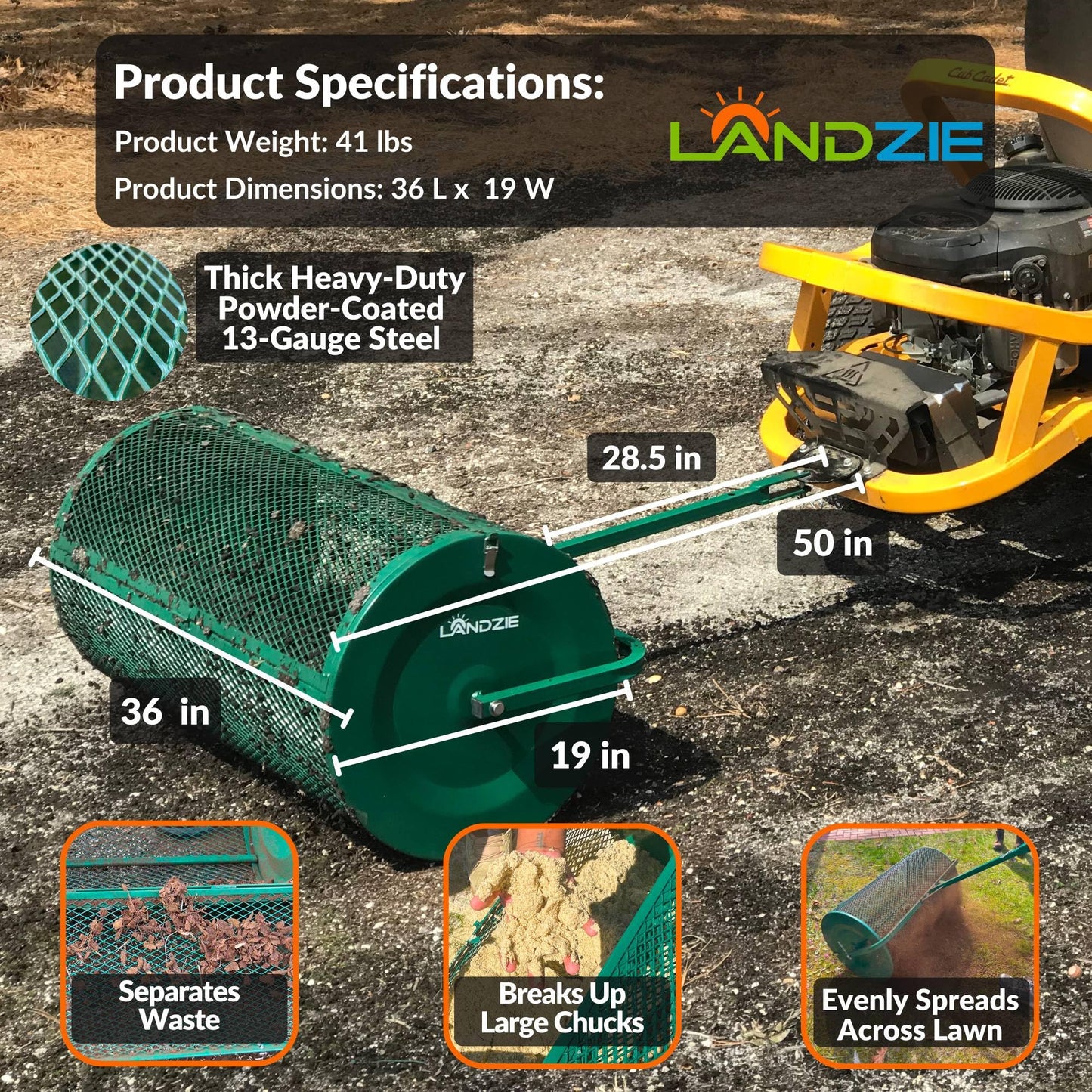 LANDZIE Lawn & Garden Spreaders - 36 Inch Heavy Duty Metal Mesh Basket Push/Tow Spreader - Compost, Peat Moss, Top Soil, Mulch - Durable Lightweight Multi-Purpose Yard Care Equipment - Manure Spreader