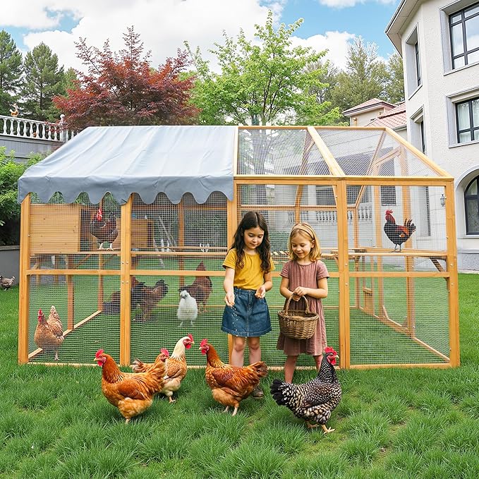 109.6'' Large Wood Chicken Coop Enclosures,Walk-in Poultry Cage, Chicken Run Pen Duck House with Walking Platforms & 2 Napping Houses,Waterproof and Anti-Ultraviolet Cover,Yellow