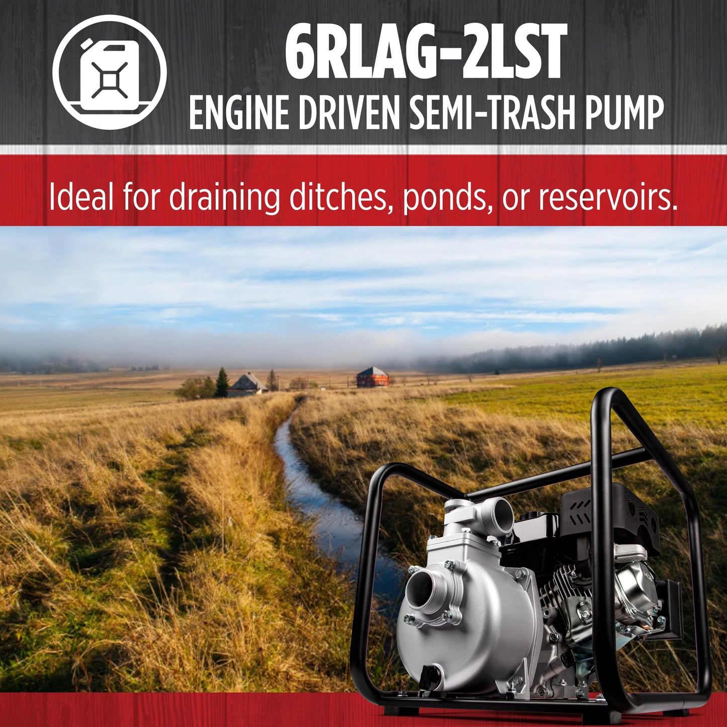 Red Lion 6RLAG-2LST 208cc, 150 GPM OHV Engine Driven Aluminum Semi-Trash Pump, 2-inch MNPT suction and discharge, Black, 617034