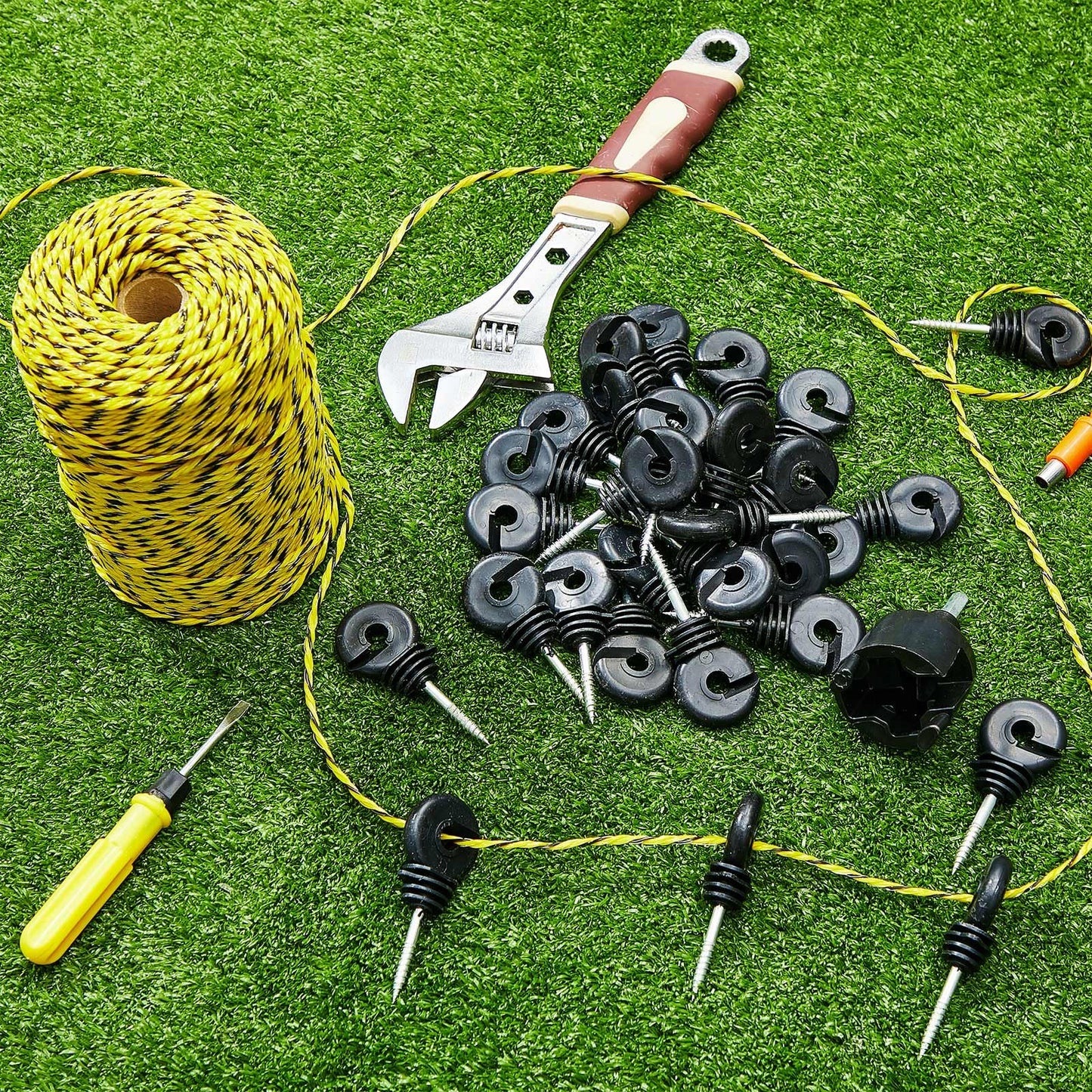 Sweetude 660 Feet Electric Fence Polywire and 100 Pcs Electric Fence Insulator with 1 Pcs Insulator Socket Tool Resistant Glove Electric Fence 6 Stainless Steel Strands for Fence Landowner Farmer
