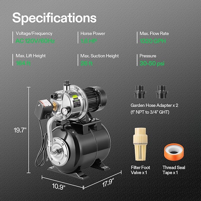 VIVOSUN 1.6 HP Shallow Well Pump with Pressure Tank, NSF Certified, 1320 GPH, Stainless Steel, Automatic Water Booster Jet Pump with Two Adapters for Home, Garden, Lawn
