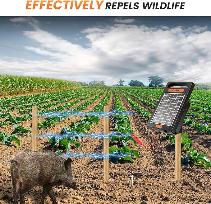 24 Hour Solar Electric Fence Charger, 10 Miles, Up to 10200v Output Range Electric Fence Charger, 0.18J Portable Energizer with Rechargeable Solar Panel for Livestock & Predator Protection