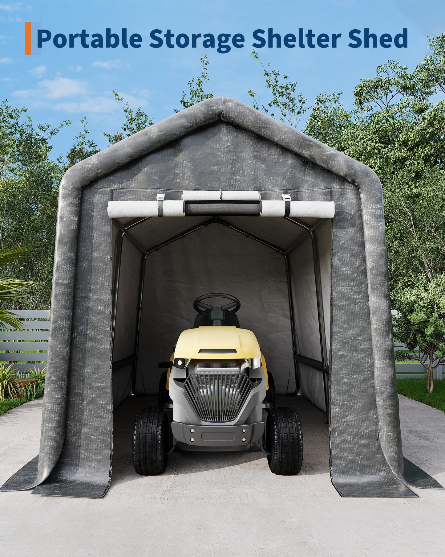 7x10FT Outdoor Portable Storage Shed with Roll-Up Door & Vent, 240G Heavy-Duty Shelter Waterproof PE Tarp, UV-Resistant Storage Sheds for Motorcycle, Firewood, Garden and Tools, Gray