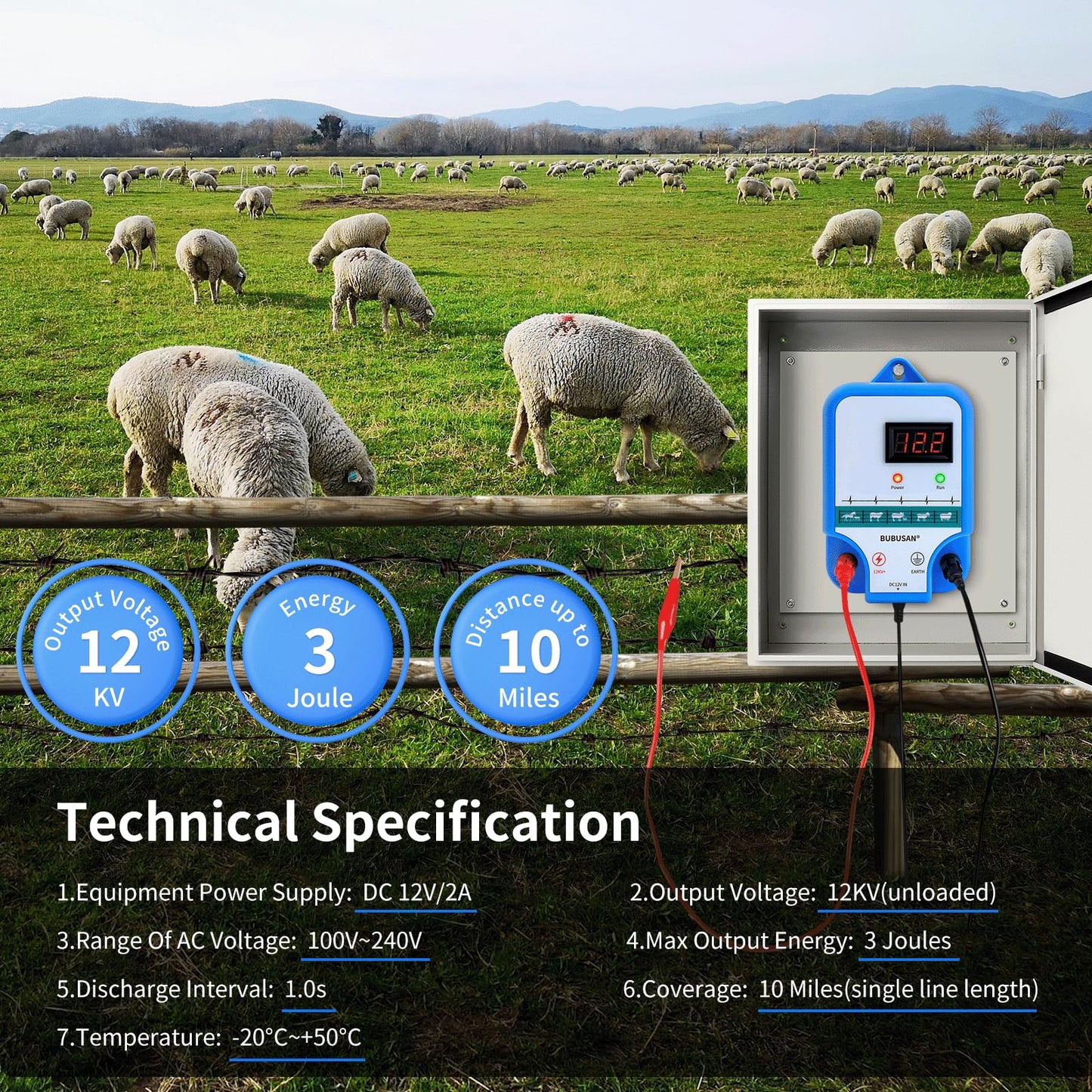 bubusan Electric Fence Charger for Livestock - 3 Joules Electric Fence kit, 10 Mile Electric Fence Controller with LED Display for Backyard, Garden, Farm, Repels Large Wildlife