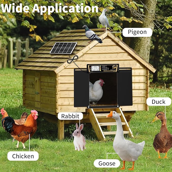 Large Automatic Chicken Coop Door Solar Powered, Charge with 7W Solar Panel Auto Chicken Door, Aluminum Electric Poultry Door with Time & Light Sensor, Remote Control