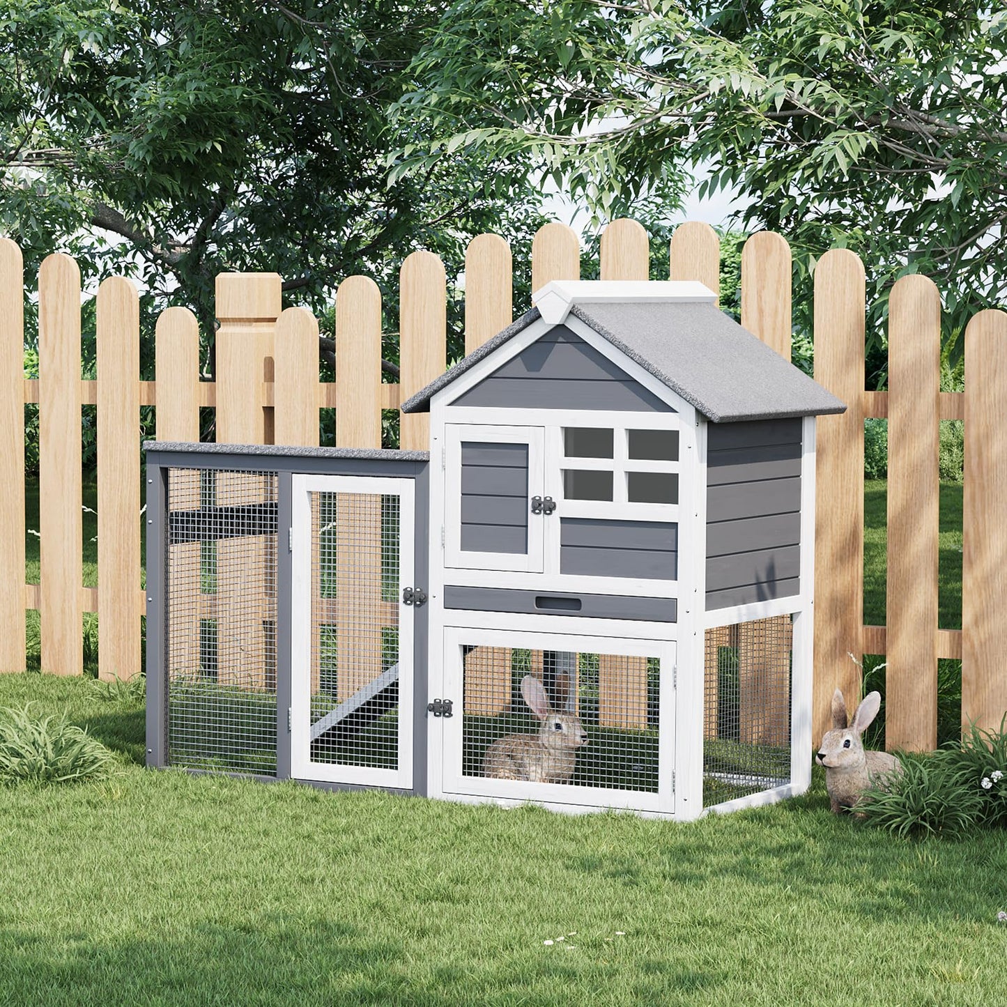2-Story Rabbit Hutch Indoor Outdoor with Waterproof Roof, 48" L Bunny Cage with Pull Out Tray and a Wooden Ramp, Bunny Hutch Guinea Pig House for Rabbit Lover Pet Lover