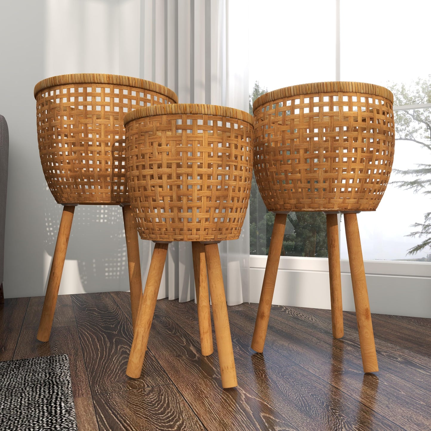 Deco 79 Bamboo Wood Handmade Indoor Planter Woven Basket Large Planter Pot with Wooden Tripod Legs, Set of 3 Planters 26", 23", 20"H, Brown