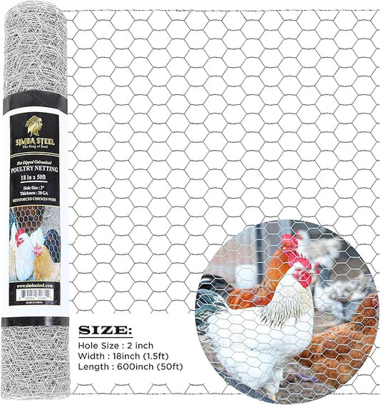 Chicken Wire 18 in x 50 FT x 2” Mesh x 20GA | Poultry Wire Netting | Hot Dipped Galvanised | Hexagonal Galvanized Mesh for Chicken Coop, Rabbit Cage, Fence Barrier PM18x50x2