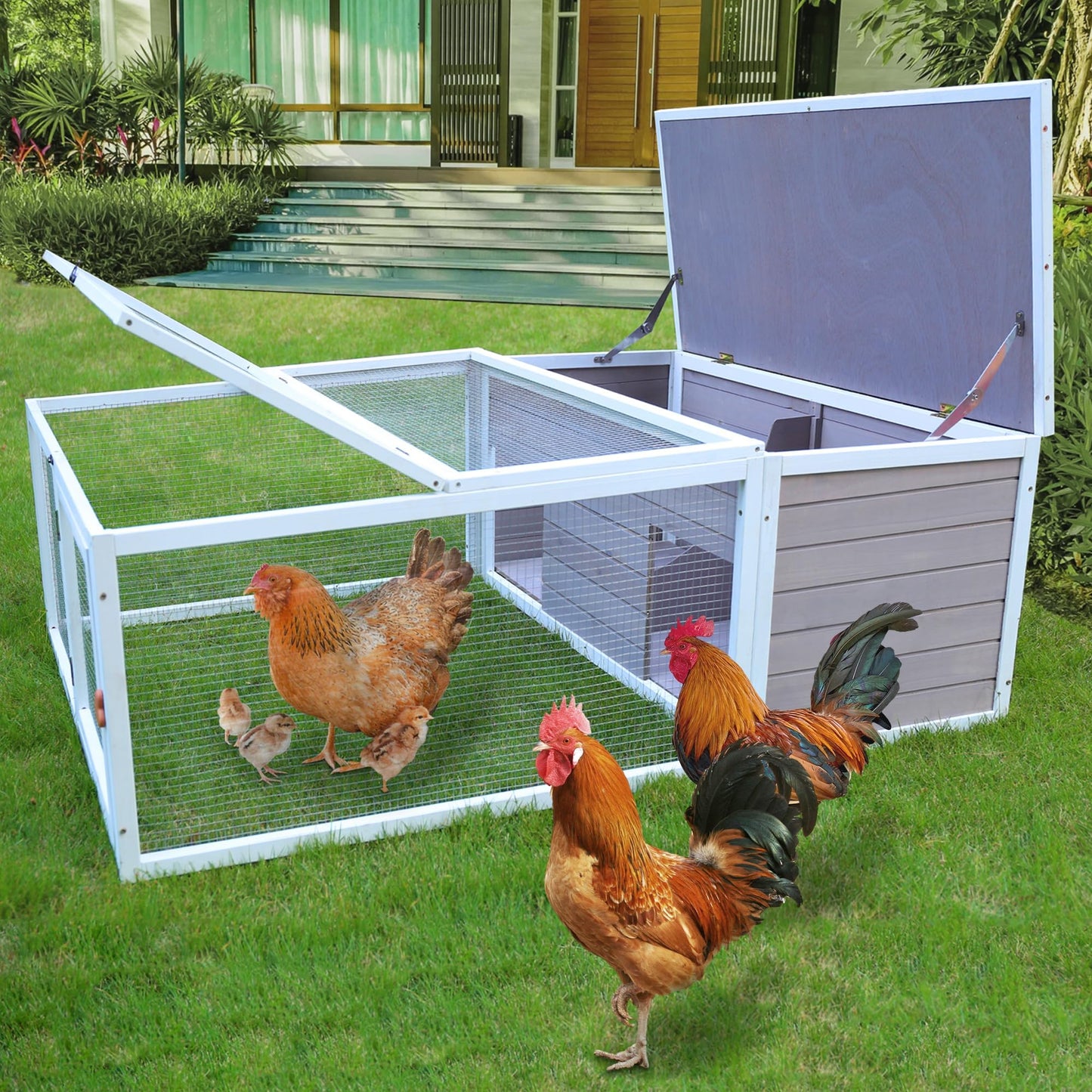 Chicken Coop with Run, 60” Rabbit Hutch with Cover Outdoor, Large Tortoise Habitat Pet Cage Wood Small Animal Poultry Cage Run with Waterproof Asphalt & Openable Roof and Side Door